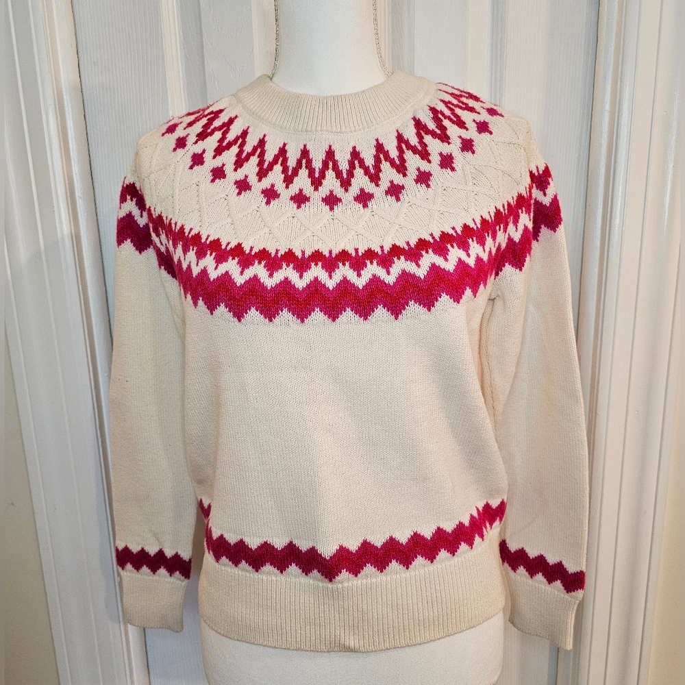 Cream and Pink Patterned Women's Sweater Size S